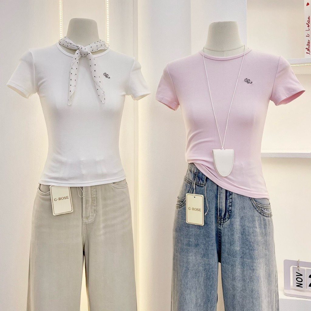 เสื้อยืดคอกลม G-ROSE แต่งอะไหล่น่ารักเนื้อผ้าดีมาก