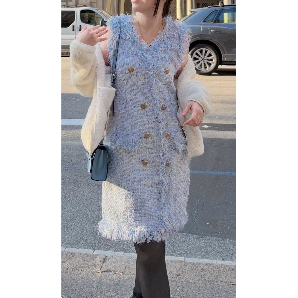 เดรสผ้าทวิต สีฟ้า งานป้าย Vegas Luxury