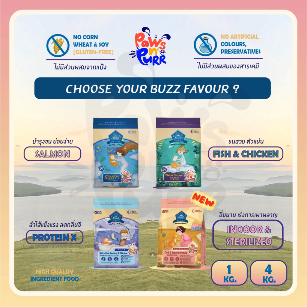 Buzz Netura อาหารแมวสำหรับแมวทุกสายพันธุ์ Holistic Grain-Free [1kg],[4kg]