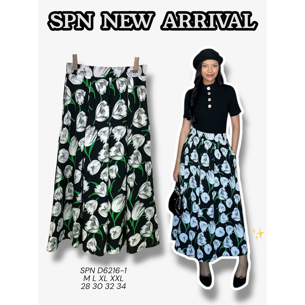 SPN D6216-1 กระโปรงยาวผ้าชีฟอง เอวสม็อคด้านหลัง ลายดอกไม้ในตัว ความยาว 33”