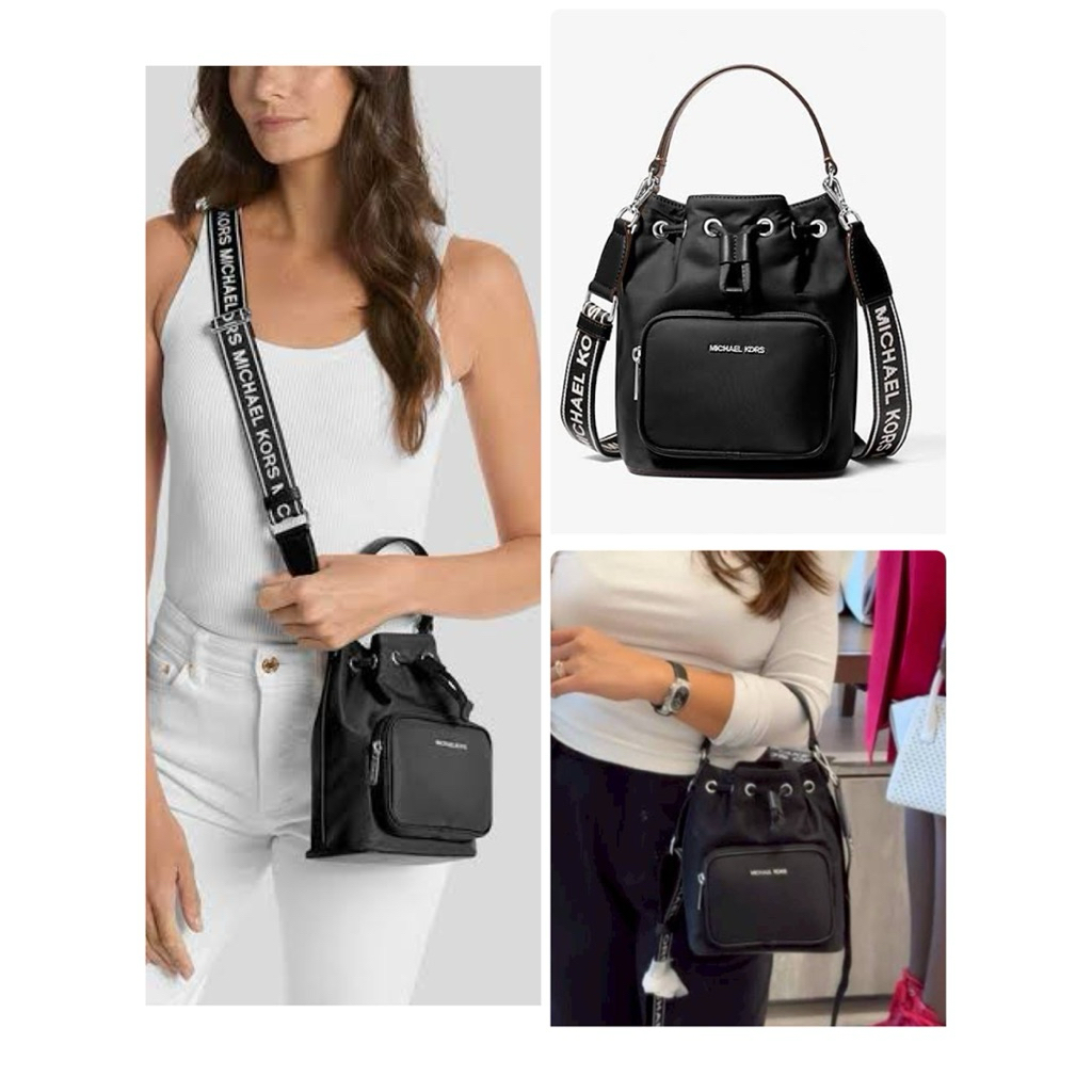 กระเป๋าสะพายข้าง ทรงบัคเกตสีดำ สายสปอร์ต 7 นิ้ว 🖤 Michael Kors 35T5S5FM1C Khai Small Nylon Bucket Ba