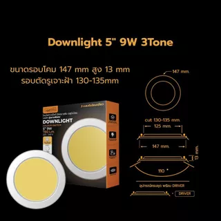 Lamptifyไฟฝังฝ้า ไฟดาวน์ไลท์ Downlight Colour Switch 5 นิ้ว 9 w 3 เเสง แสงขาว แสงคูลไวท์ แสงเหลือง แบบบางพิเศษ 3 แสง 9w