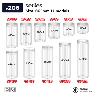 10ชิ้น เซ็ตกระปุก PET ทรงกลม ขนาด 65mm ความจุ 160–680ml วัสดุ Food Grade ใส่อาหาร ขนม เครื่องปรุง แถมฟรี แผ่นโฟม HC65