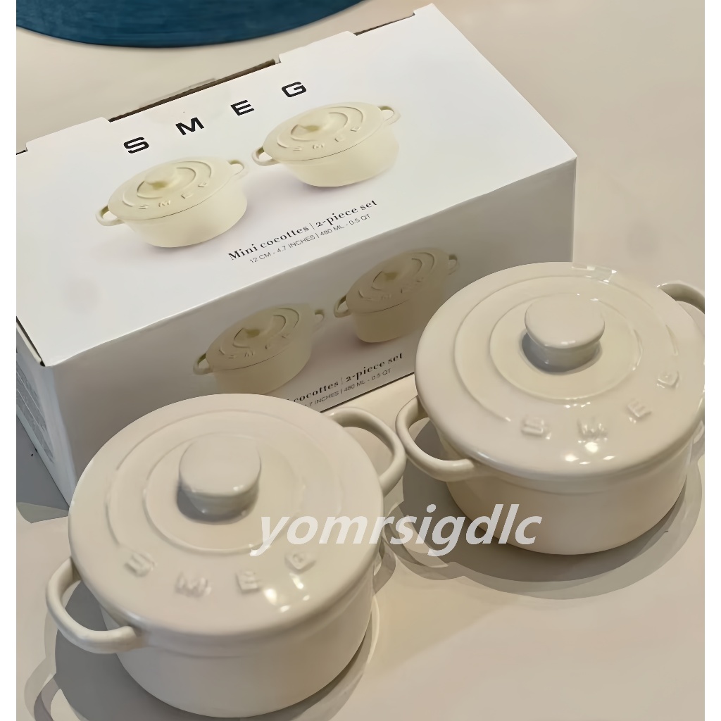 smeg หม้อตุ๋นเซรามิค หม้อไข่ตุ๋น พร้อมฝาปิด ด้ามจับคู่ ขนาด 200ml.ครีม Mini Ceramic Pot หม้อเตาอบเคลือบดัตช์ เครื่องครัว