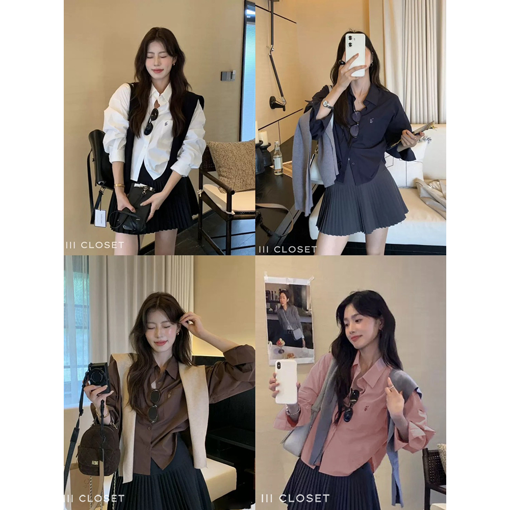 เสื้อเชิ้ต lll Freesize lll IT112 กระเป๋าหน้า ปักลายม้า ทรงชายโค้ง แขนยาว กระดุมหน้า ผ้าไหมอิตาลี