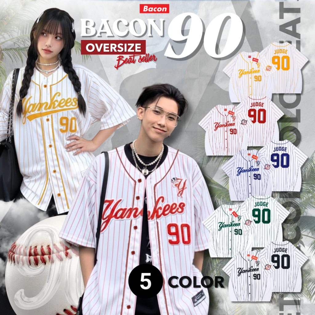 Bacon 90 เสื้อเบสบอลทรง Oversize (กระดุมจริง) งานพิมพ์ลายทั้งตัว อก 46-52