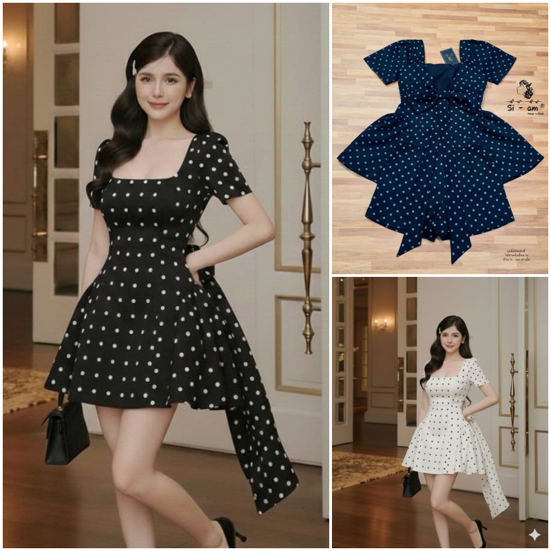 [ป้ายTag : Si-am(ไซส์-อั้ม)] เซ็ต2ชิ้นPolkadot เสื้อแต่งเข็มกลัดโบว์ด้านหลัง มาพร้อมกางเกงขสั้น  A881/A882