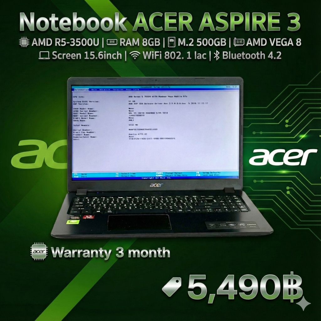 Notebook Acer Aspire 3 (A315-42) Ryzen 5 3500U | Ram 8GB | SSD 512GB M.2 | จอ 15.6" FHD | ประกัน 3 เ