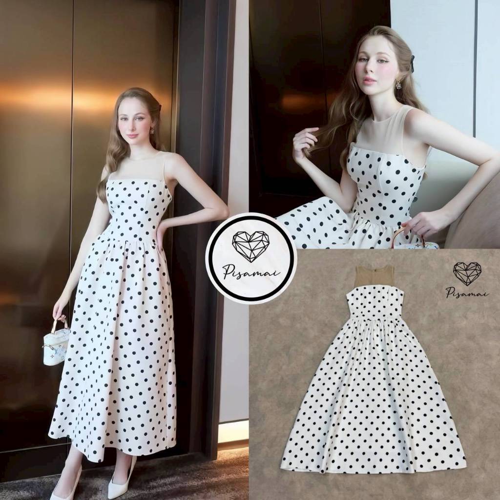 Pisamai เดรสแขนกุดลายpolkadot ตัวยาว แต่งซีทรูตาข่ายสีเนื้อช่วงบน