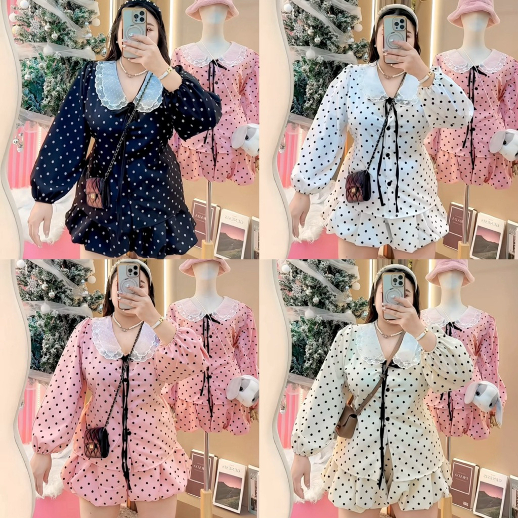เสื้อแต่งปกแก้วลายจุดโพดาดอท+กางเกงบอลลูน สาวอวบ 🎀✨อก34-46 เอว30-40 สพ40-44