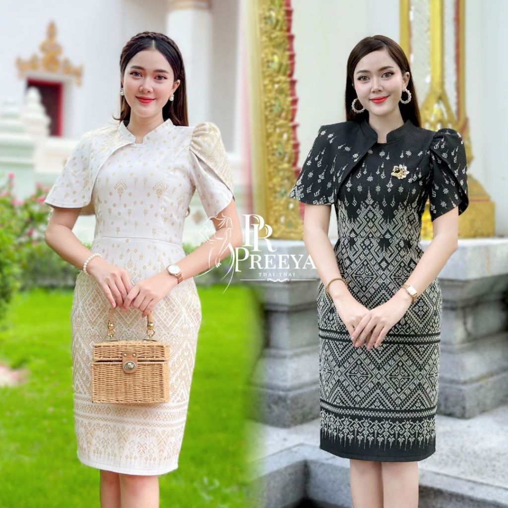 PR116 เดรสผ้าฝ้ายทอลาย ยกแขน อัดกาวทั้งชุด  แบรนด์ preeya