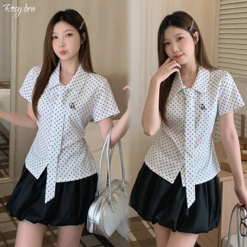 🍒พร้อมส่ง🍒เสื้อเชิ้ตแขนสั้นผูกโบว์และดีเทลเย็บปักถักร้อย แฟชั่นฤดูร้อน สไตล์เกาหลี สําหรับผู้หญิง