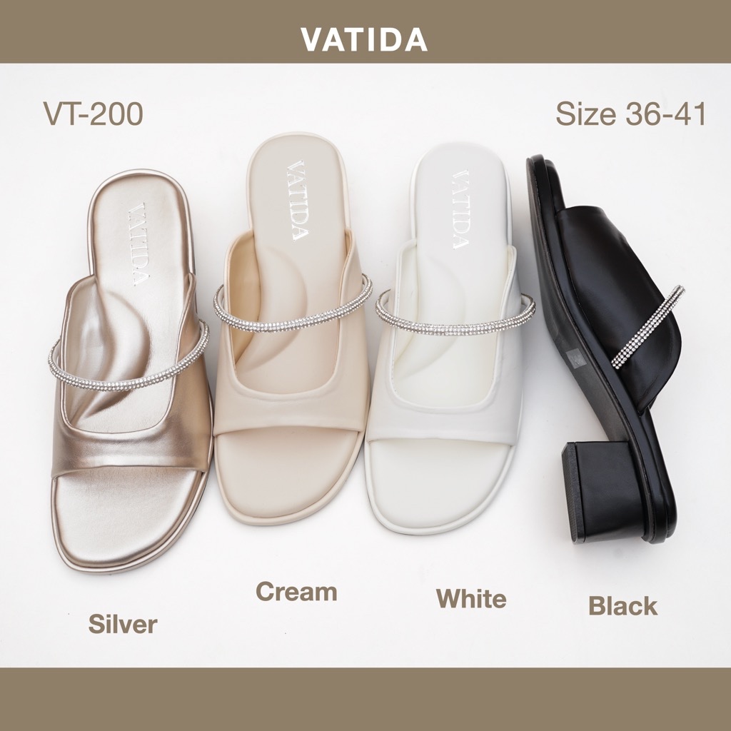 (พร้อมส่งจากไทย) รองเท้าสวมส้นสูง VATIDA ( รุ่น VT-200 )  ส้น 1.5 นิ้ว หนังนิ่มมาก คาดสายเพชรหรู พื้นบุฟองน้ำหนา
