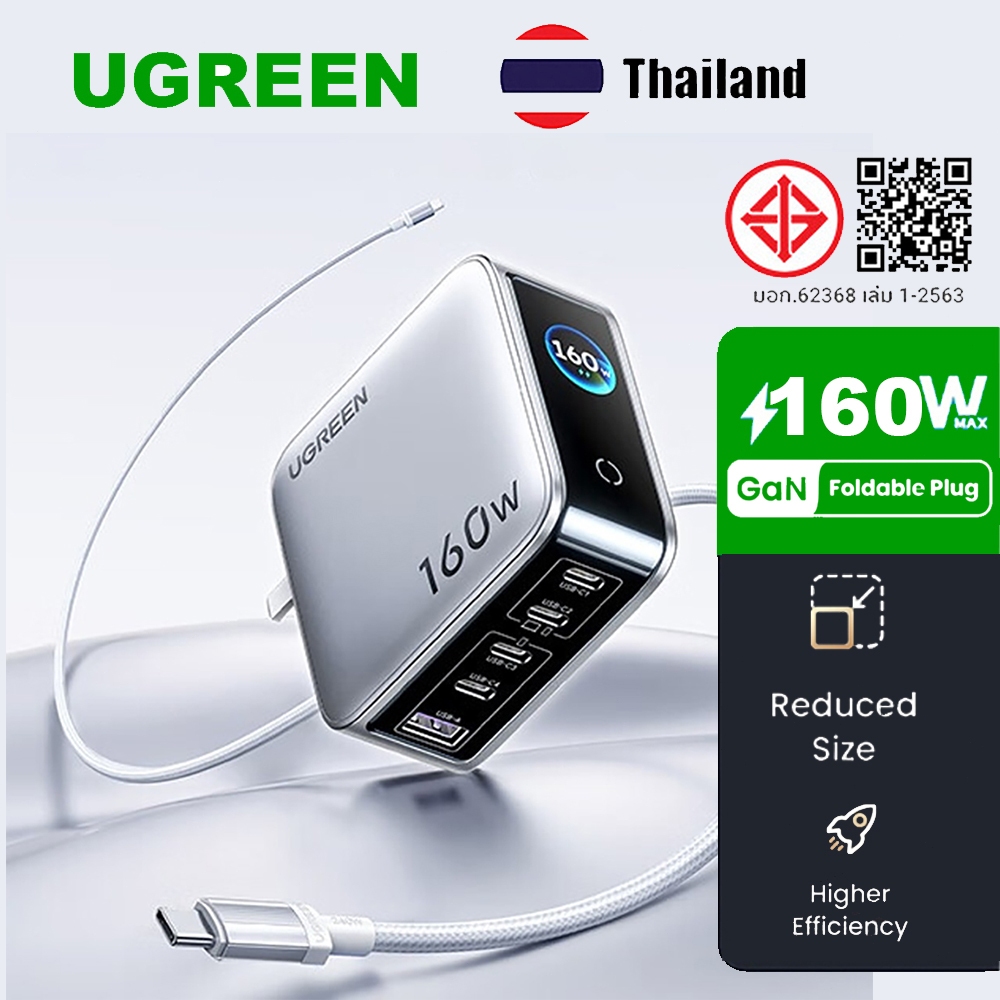 UGREEN 160 วัตต์ GaN เครื่องชาร์จไฟเร็วจอแสดงผลไฟในเวลาจริง เครื่องชาร์จพับได้พร้อมสาย C ถึง C 240 วัตต์ 1.5 เมตร