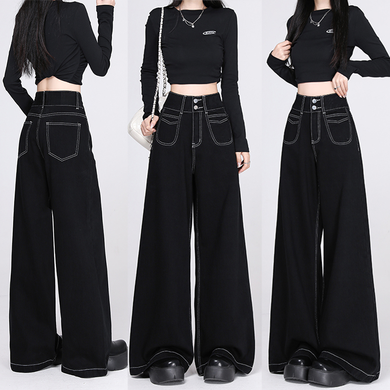 S-5XL กางเกงยีนส์ผู้หญิงเอวสูงสีดำทรงตรง ใส่สบายแบบลำลอง มีทุกไซส์