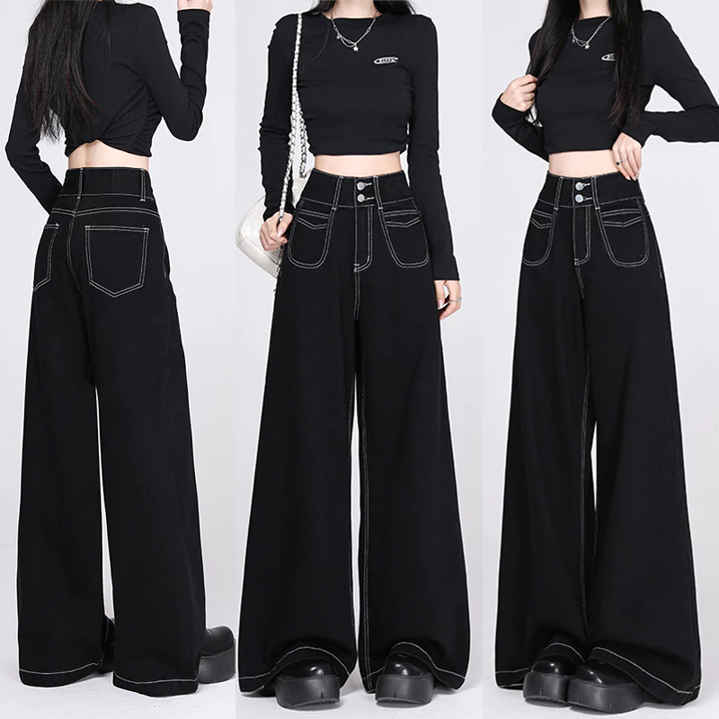 S-5XL กางเกงยีนส์ผู้หญิงเอวสูงสีดำทรงตรง ใส่สบายแบบลำลอง มีทุกไซส์