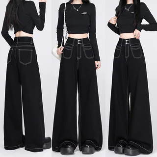 S-5XL กางเกงยีนส์ผู้หญิงเอวสูงสีดำทรงตรง ใส่สบายแบบลำลอง มีทุกไซส์