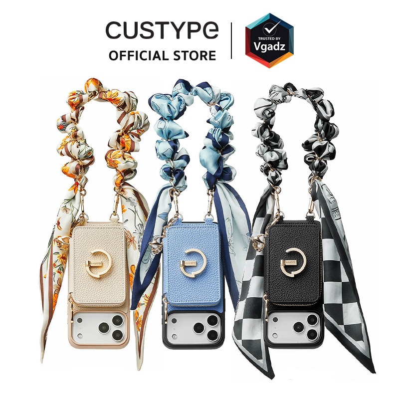 Custype เคสสำหรับ iPhone 17 Pro Max รุ่น Lychee Pattern Leather with Pouch + Silk Scarf Wrist Strap