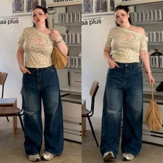 กางเกงยีนส์ขากระบอกใหญ่ buggy jeans ขาดเข่า1ข้าง งานป้าย Lin…