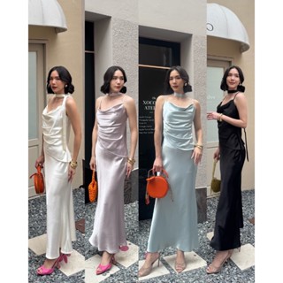 🔖ELF #Avery เดรสสายเดี่ยวผ้าซาติน คอถ่วง จับจีบข้าง ช่วงบนตั…