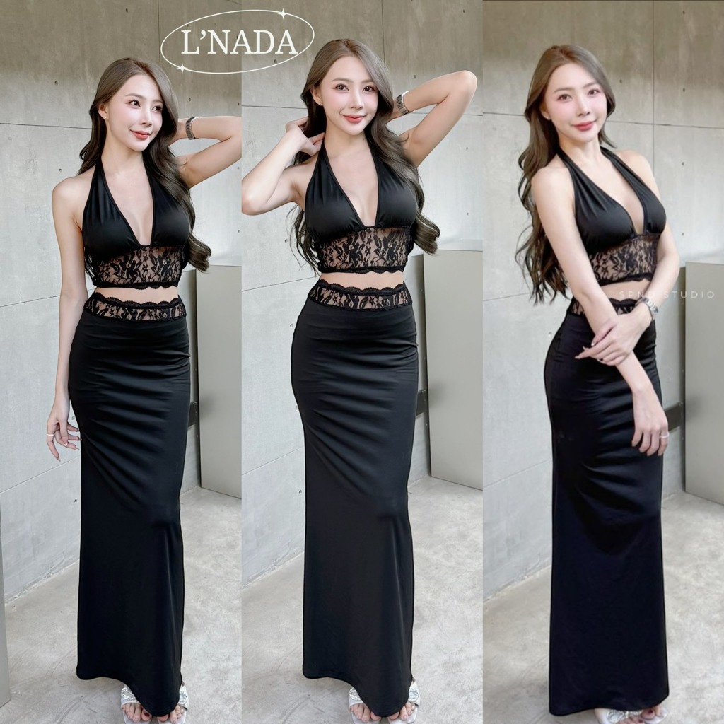 L'NADA SET 2 ชิ้น เสื้อครอปแต่งลูกไม้ พร้อมกระโปรงยาวตกแต่งลูกไม้ ไซส์ SML (0042)
