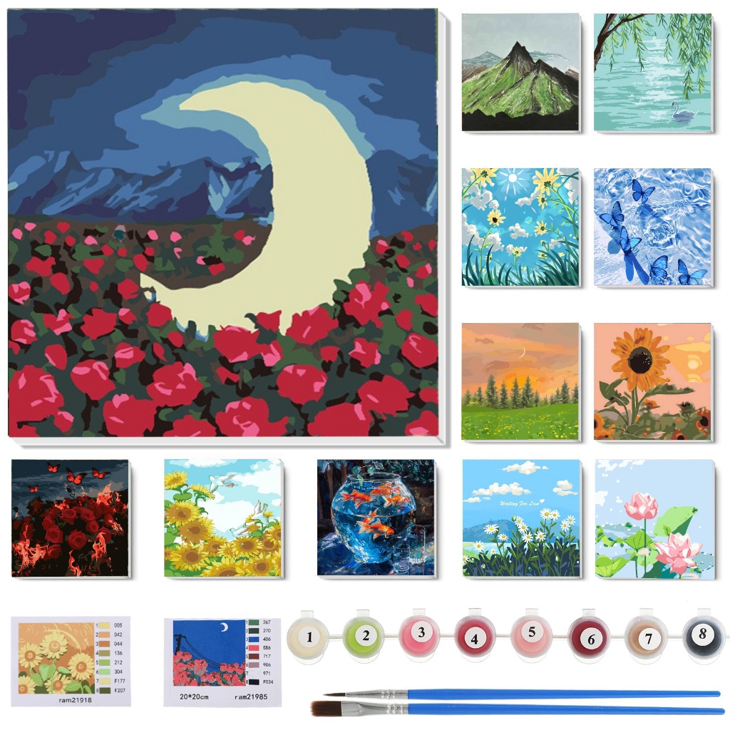 ระบายสีตามตัวเลข 20*20 ซม พร้อมสี+พู่กัน ภาพวาดตกแต่งอะคริลิค ของขวัญ DIY