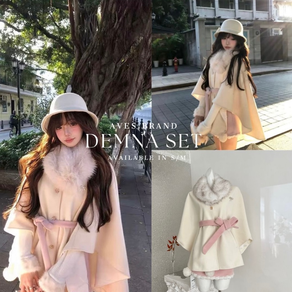 AVES.BRAND DEMNA SET ชุดเซ็ตผ้าวูล เสื้อคลุมเครป ผ้าพันคอขนเฟอร์ กระโปรงชมพู