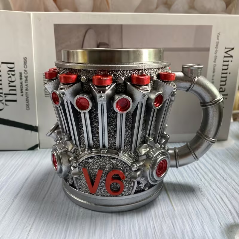 V8 Engine Car Mug - Stainless Steel Double-Walled Coffee Cup with Realistic V8 Engine Block, Piston