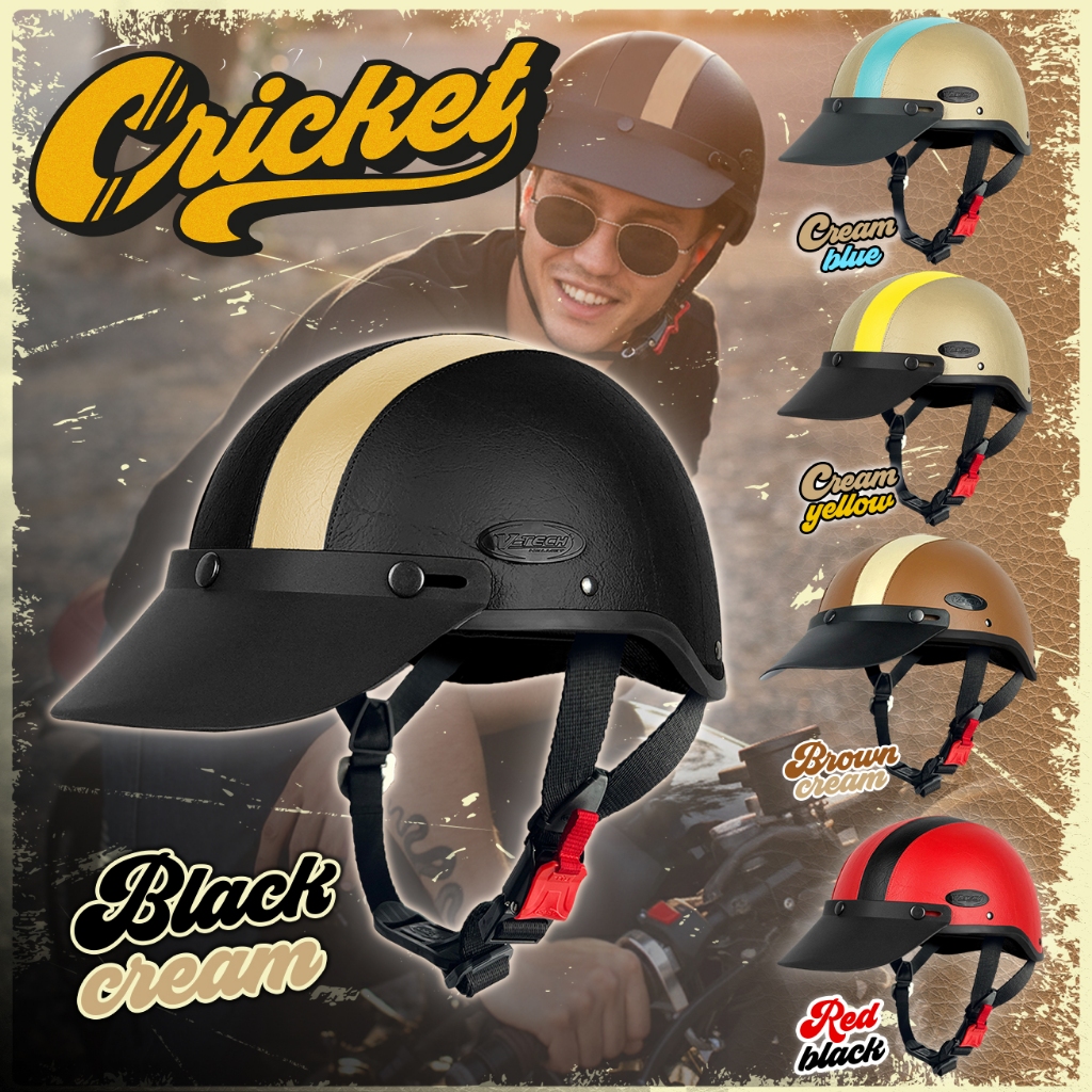 หมวกกันน็อคครึ่งใบ V-TECH ทรง classic หุ้มหนัง/สายถัก สายรัดคางรุ่น Cricket