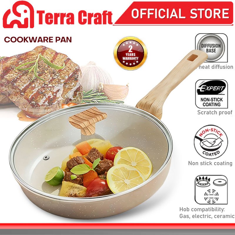Terra Craft มีฝาปิด ขนาด 22-28cm กระทะเคลือบหินอ่อน ไม่ติดกระทะ ทำความสะอาดง่าย ใช้ได้กับเตาแม่เหล็กไฟฟ้าและเตาแก๊ส