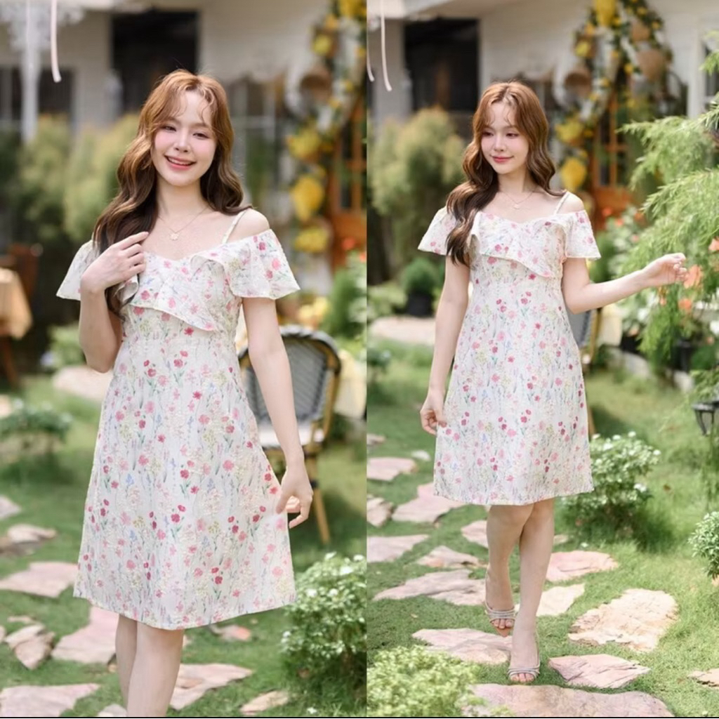 เดรสpastel time ลายดอกลูกไม้ปัก สีชมพู ไซส์ L