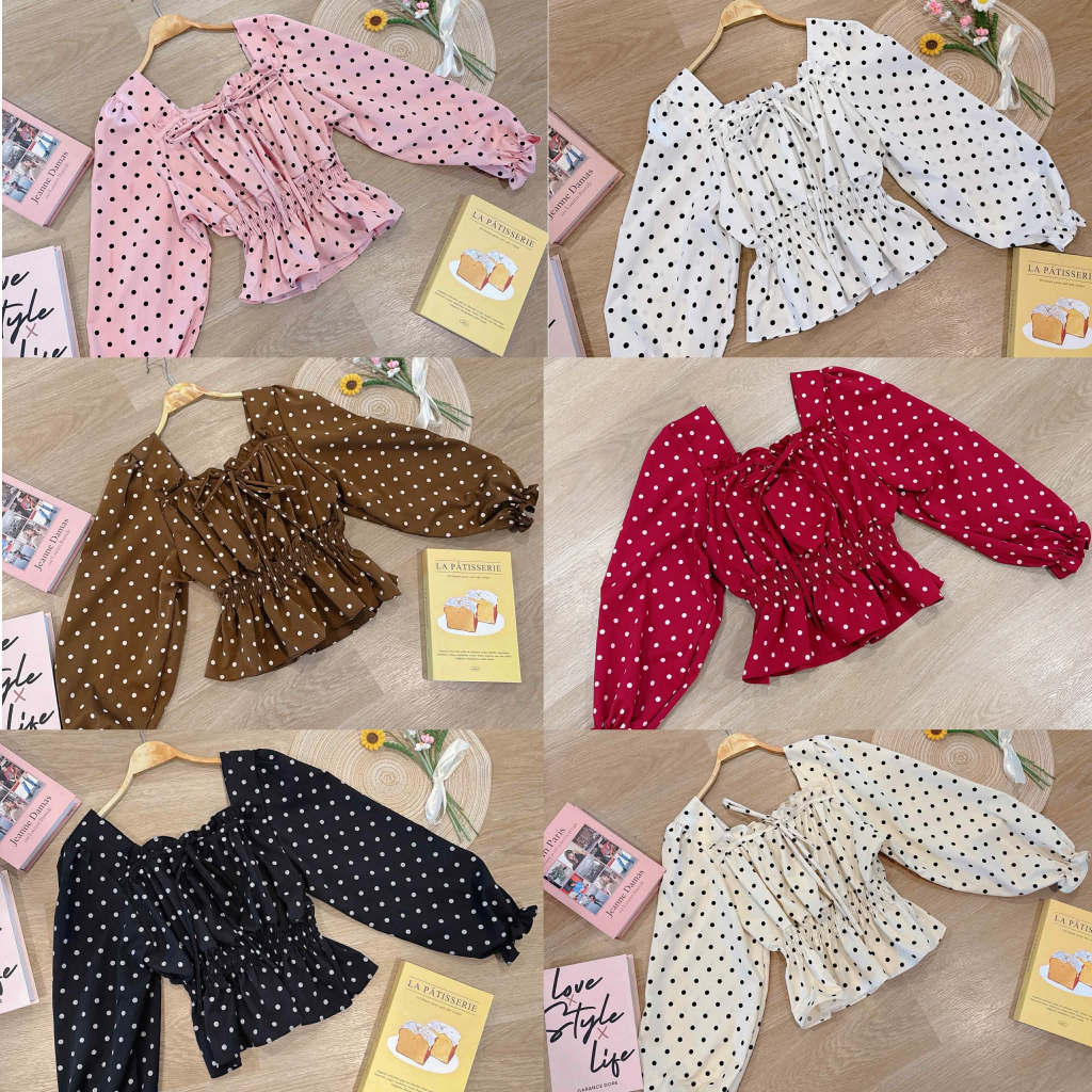 เสื้อแขนยาวลายจุดแต่งโบว์หน้าจั้มเอวสาวอวบอ้วน plussize ผ้าครัช อก38-48 นิ้ว รุ่น E16