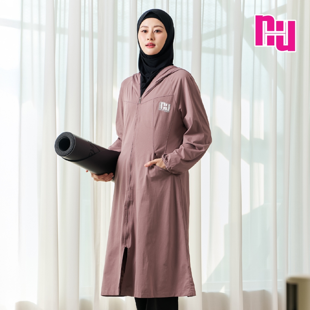 NUH SPORTSWEAR MODESTY HOODED JACKET - เสื้อแจ็กเก็ตผ้ายืดแบบยาวปกปิดมีฮู้ดสำหรับออกกำลังกาย