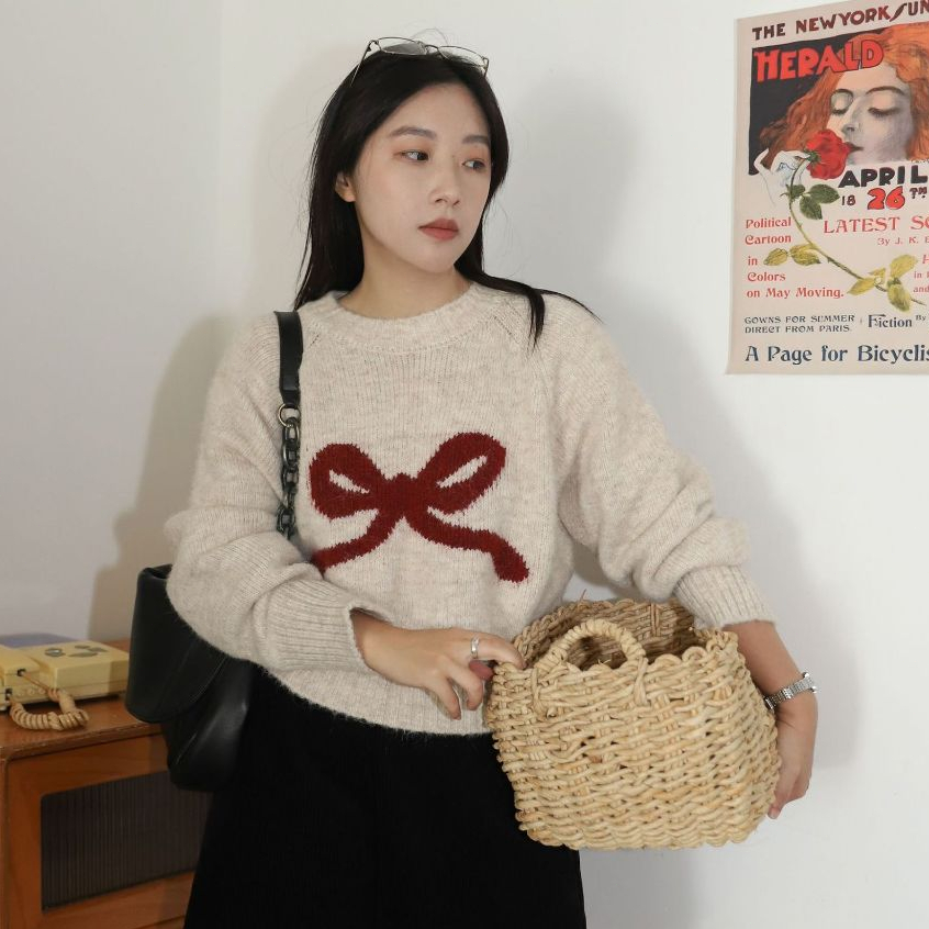 เสื้อสเวตเตอร์แขนยาวคอกลมทรงหลวมสำหรับฤดูใบไม้ร่วง/ฤดูหนาว ดีไซน์ใหม่ พร้อมโบว์ สวมใส่ได้หลากหลายโอกาส ทันสมัยและใช้งานไ - รูปที่ 4