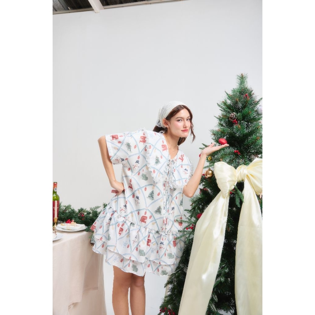 🎄🤍Tie the Knot Dress - Festive Snow - ลายคริสมาสต์สีขาว