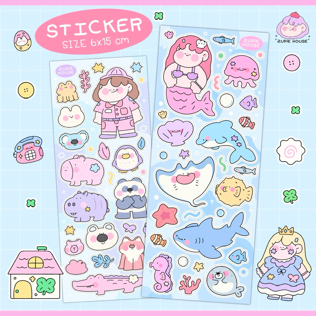 ZUPiE Sticker ⭐️ ขนาดใหม่ 6x15 cm สติกเกอร์แผ่นลายน่ารัก สติกเกอร์ติดไอแพด สติกเกอร์ติดโน๊ตบุ๊ค 🐋✨