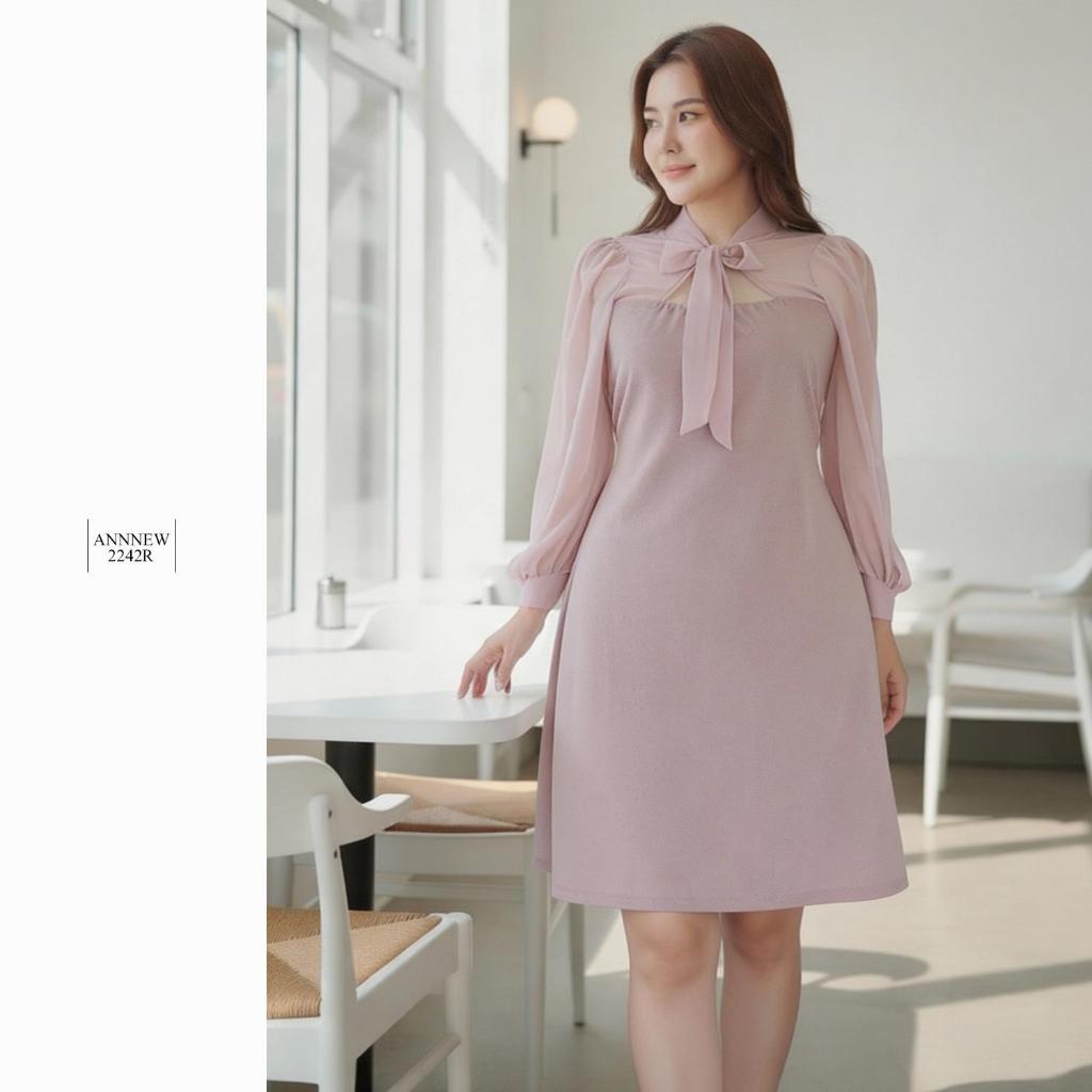 ✨ANNNEW✨ XL- 5XL  เดรสผ้ายืดวูลเวฟเเต่งผูกโบว์เเขนชีฟอง 2242R