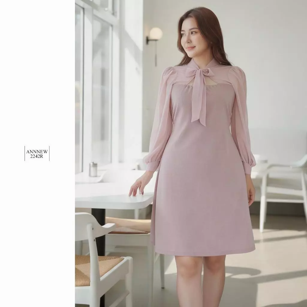 ✨ANNNEW✨ XL- 5XL เดรสผ้ายืดวูลเวฟเเต่งผูกโบว์เเขนชีฟอง 2242R