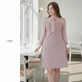 ✨ANNNEW✨ XL- 5XL เดรสผ้ายืดวูลเวฟเเต่งผูกโบว์เเขนชีฟอง 2242R