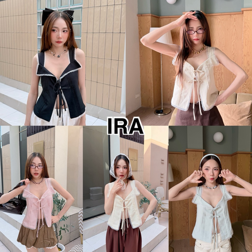 BY IRA.  (2025-88)Maverick Top เสื้อกล้ามคอปกผ่าหน้าผูกโบว์อกผ้าลินิน  สายผูกโบว์ที่หน้าอก คอปก