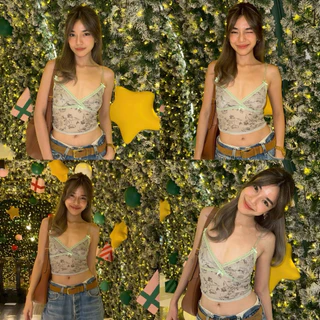 BY IRA (836) Laydii Prang Top เสื้อสายเดี่ยว คอวี ผ้าตาข่าย พิมพ์ลายลูกไม้ ประดับโบว์ เปิดหลัง ใส่แล้วป