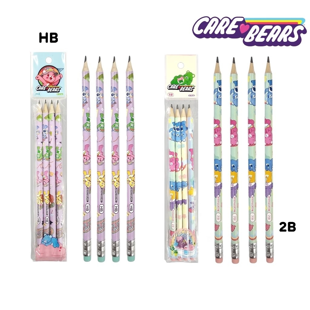 Master Art ดินสอไม้ดำ ชุด 4 แท่ง Care Bears ความเข้ม 2B และ HB ดินสอทรงกลม มียางลบปลายด้าม (ราคาต่อ 1 ชุด 4 แท่ง)