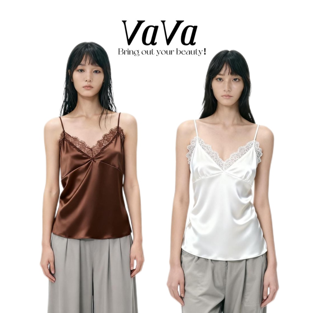 VaVa【ในสต็อก】เสื้อสายเดี่ยวลูกไม้แฟชั่นสไตล์ยุโรปและอเมริกาสำหรับผู้หญิง เสื้อสายเดี่ยวแขนกุดสวมใส่ส