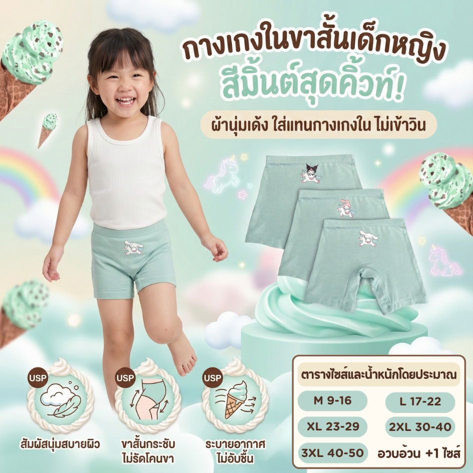 กางเกงซับในเด็ก สีเขียวมิ้นท์ (รุ่นใหม่หนานุ่มขึ้น) กางเกงในเด็ก กันโป๊ลายซานรีโอ้ยูนิคอร์น ยืดหยุ่นเบาสบาย 2-12 ปี