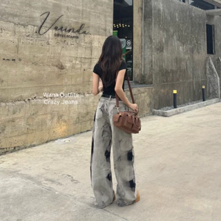 Wana.Outfits - Crazy Jeans กางเกงยีนส์ขากระบอกใหญ่ งานฟอกhandmade