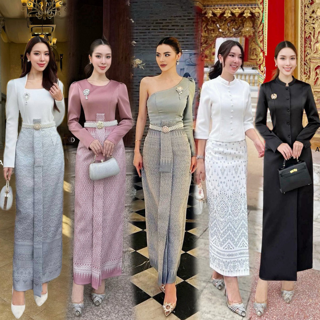 S-XXL ชุดไทยทำบุญ เสื้อ+ผ้าถุงลายไทย สีดำ/ขาว/เทา/ชมพู/ครีม/คราม #ชุดจิตรลดา #ชุดไทยจ