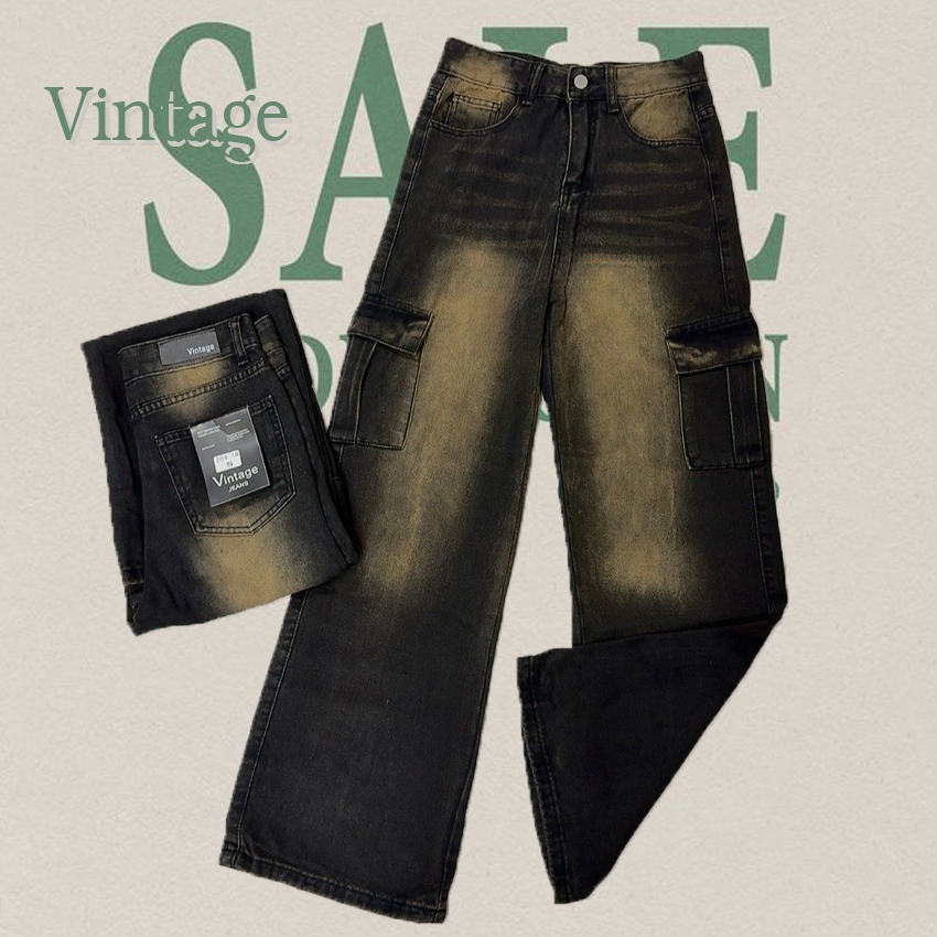 Vintage รุ่น #204-1 กางเกงยีนส์ คาร์โก้ สีดำ ทรงกระบอก สีสนิม แต่งเฟดสนิม ทรงสวยผ้าไม่ยืด กระเป๋าตรง 2 ใบ