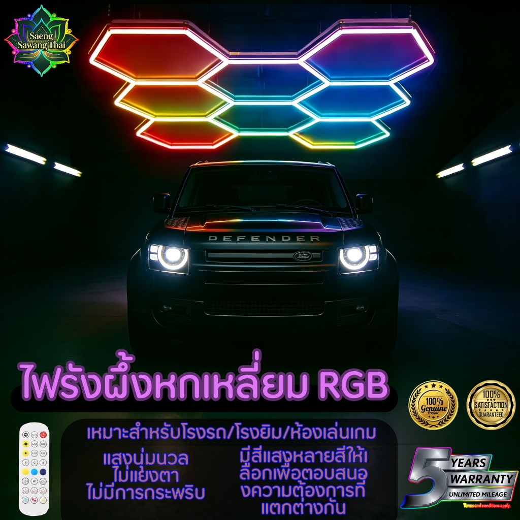 โคมไฟรังผึ้งหกเหลี่ยม RGB ไฟแต่งห้องเกม อู่ โรงรถ ยิม ร้านคาร์แคร์ เปลี่ยนสีได้ พร้อมรีโมท AC 220V ติดตั้งง่าย