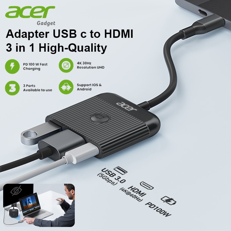 Acer Type-C อะแดปเตอร์ฮับ แปลงช่อง Type-C เป็น USB 3.0 + 4K HDMI HDTV + PD 2.0 พอร์ต Hub Adapter