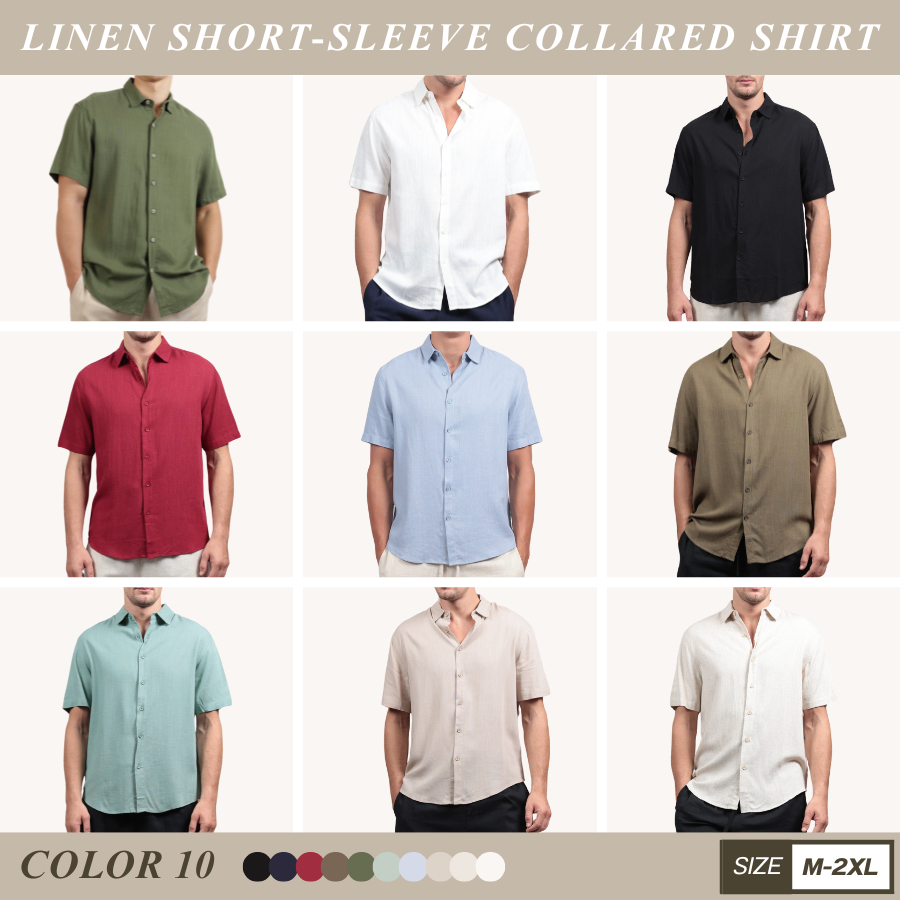 MANFAIR  เสื้อเชิ้ตคอปกแขนสั้นพอดีตัวผ้าลินิน 10 สี Size M-2XLสวมใส่สบายและเติมเต็มสไตล์ที่ลงตัวในทุกโอกาส